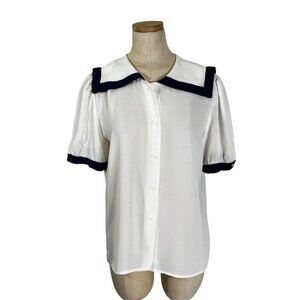 David Matthew blouse Women's M white blue navy style short sleeve button up